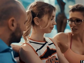Slim MILF seduces her husband with a young cheerleader for a threesome