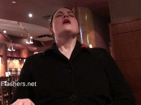 Alyss, a chubby amateur, pleasures herself in public restaurant upskirt view